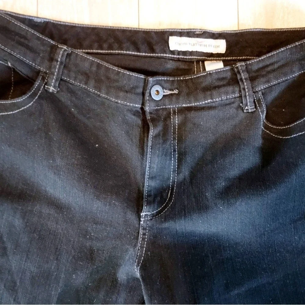 Chico's 3 Platinum Denim Black Bermuda‎ Shorts Contrast Stitch  XL Beach Jeans